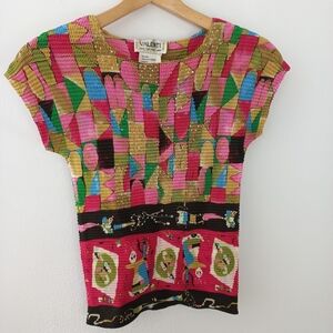 Vintage Valenti Women's Vibrant Pink/Black Woven Textile Top Size S/P-M/M US